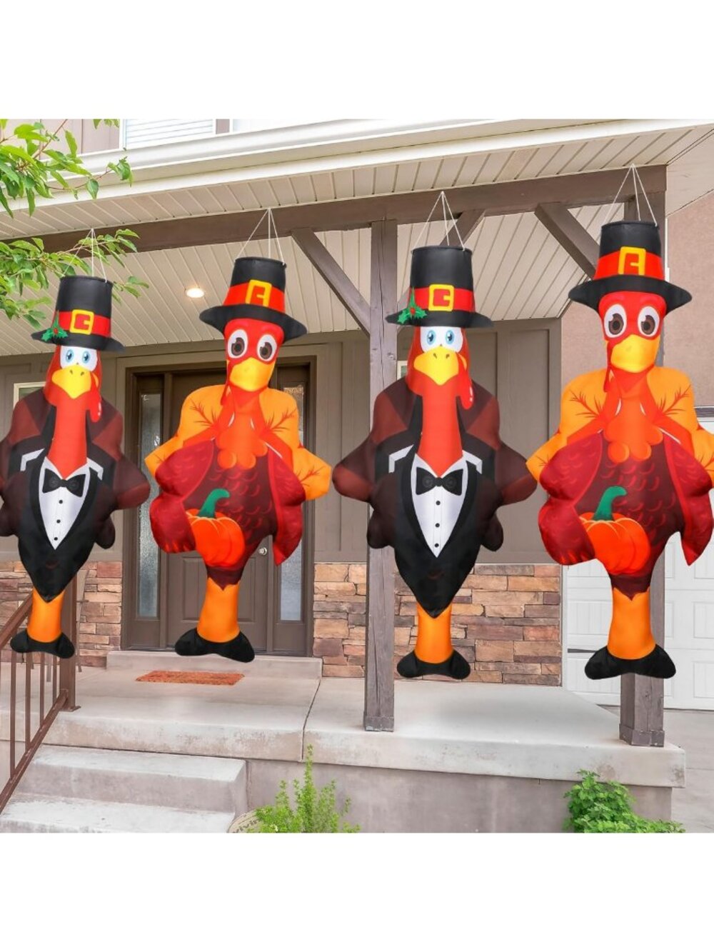 4 Pcs Thanksgiving Turkey Windsocks - 3D Fall Outdoor Hanging Decor for Home